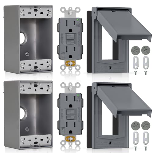 ELEGRP 15 Amp Outdoor GFCI Outlet Kit, with Vertical Weatherproof Cover and Box, 1 Gang, TR WR Self-Test GFI Receptacle, Metallic Electrical Outlets Boxes, UL Listed, Grey, 2 Pack