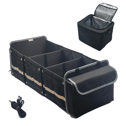 RATSTONE Organizador De Maletero De Coche y SUV,Organizador De Coche Para Almacenamiento,Caja Plegable Con 5 Compartimentos,Cinchas Ajustables - Tapa Extraíble (Negro)