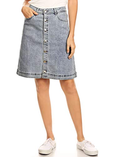 Anna-Kaci Womens Vintage Stretch Denim Jean Button Flare Skirt with Side Pocket