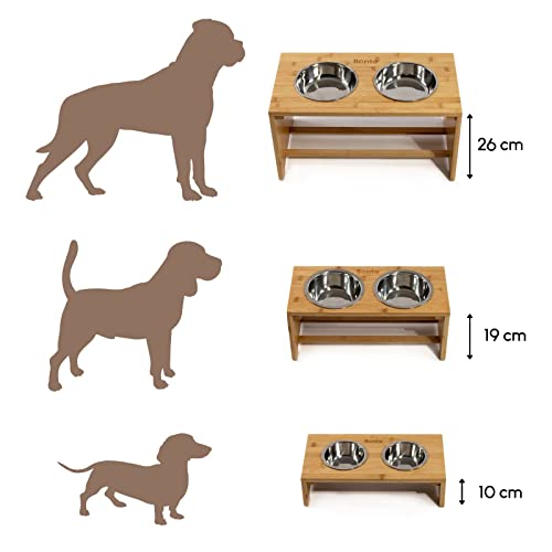 lionto erhöhter Hundenapf aus robustem & pflegeleichtem Bambus, 50x26x26 cm, doppelter Futternapf für Hunde & Katzen, 2 Edelstahlnäpfe Ø 18 cm & je 1,2 L Fassungsvermögen, rutschfest & gelenkschonend