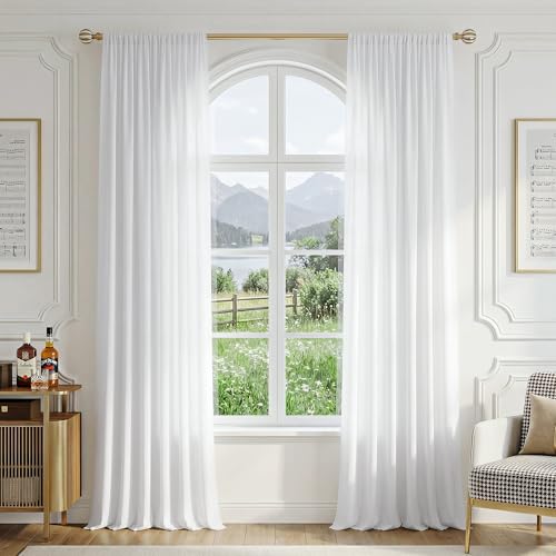 Image of FMFUNCTEX White Sheer Curtains, 54 Inch, Rod Pocket, 2 Panels for Bedroom | White Semi Sheer Airy Drapes for Living Room, Faux Silk, Light Filtering for Privacy Without Blocking Natural Light