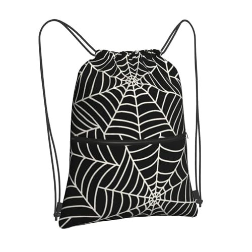 Image of Black Spider Web Halloween Drawstring Backpack, Gothic Black White Drawstring Bag, Waterproof Durable String Sackpack, Large Capacity Cinch Sackpack for Yoga Sport Beach Gym Shopping