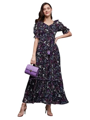 Image of Miss Chase Women's Multicolored-Base-Brown Relaxed Fit Maxi Lurex Chiffon Dress