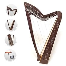 27 Strings lever Brown Harp engraved Celtic design Solid Rosewood ash wood soundboard mono tech nylon strings Brown color extra strings set, Tuning Key Extra Set included