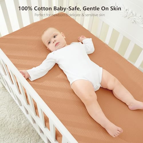 Image of Bearmoss Muslin Mini Crib Sheets for Pack N Play Mattress - 100% Cotton - 38 inchx26 inch Soft Breathable Playard Baby Crib Sheets Neutral for Boys Girls - 2 Pack (Brown Moon)