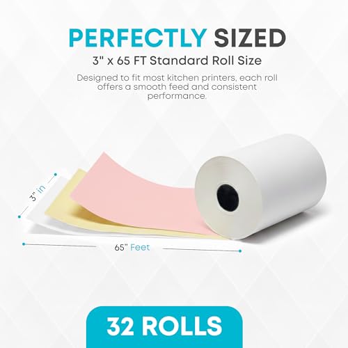 Image of (32 Rolls) Kitchen Printer Paper White /Canary /Pink Carbonless 3 inch x 65 Feet