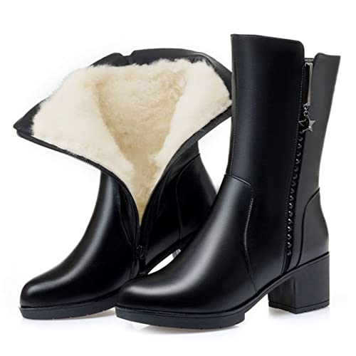 FUNPLUS Bottes décontractées pour Femmes Bottes mi-Mollet Classiques à Bout Rond Bottes de Travail à Talon Moyen Automne Hiver Bottes en Peluche Chaudes Cover