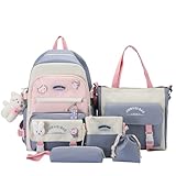 5Pcs Kawaii Cute Backpacks Combo Set with Bear Pendant & Pins - Back To School Supplies Patchwork Bunny Daypack Bag Kit (Blue)