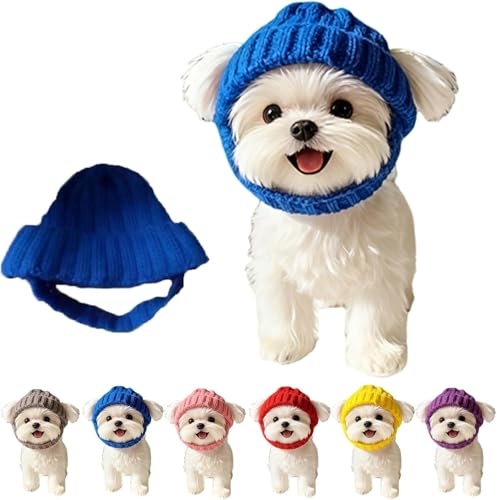 Red Wool Knit Dog Beanie with Ear Flaps - Warm Winter Hat, Flexible Fit That Stays Put for Small and Medium Breeds (Blue)