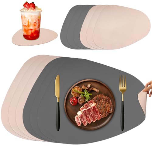 kelav Juego de 6 Manteles Individuales y Posavasos de Cuero Sintético Doble Cara Ovalados, Lavables e Impermeables, Color Beige y Gris