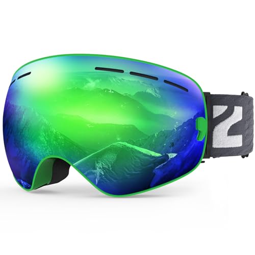 Image of ZIONOR X Ski Snowboard Snow Goggles OTG Design for Men Women Adult with Spherical Detachable Lens UV Protection Anti-fog (VLT 14% Green Frame Revo Green Lens)