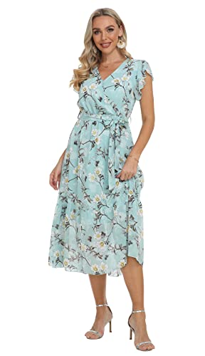 Image of VintageClothing Womens Sundress Casual Floral Summer Boho Dress | Flowy Wrap V Neck Ruffle A-Line Pleated Hem Midi Dresses