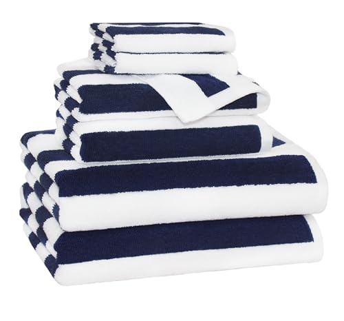 Image of ORIGINAL KIDS 6 Piece Towel Set - Cabana Stripe - Rugby Stripe - 2 Bath Towels, 2 Hand Towels, 2 Washcloths - 100% Cotton - Soft Absorbent Quick Dry Durable Pool Shower Beach - Gift - Navy