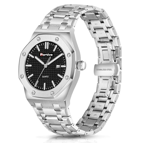 Image of Portive Quartz Watch for Men, Silver Stainless Steel Bracelet, Black Dial, Date Display, Octagonal Case