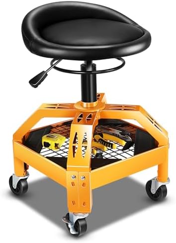 DNA MOTORING Rolling Padded Seat Adjustable Height Seat 330lbs Capacity Rolling Mechanic Creeper Stool, W/Tool Storage Drawer & Tray, Black/Yellow,TOOLS-00599