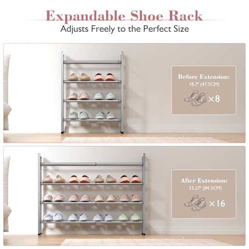 Image of Bumusty 4-Tier Expandable Shoe Rack for Closet, 18 inch-33 inch Adjustable Shoe Rack for Small Space, Small Shoe Organizer for Front Door, Sturdy Metal, Light Grey