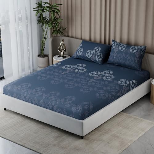 Image of BLISSHOME Everlast 150TC King Size Fitted Bedsheet with 2 Pillow Covers, Aesthetic Bedding, Wrinkle Resistant, 100+ Wash Durable, Quick Dry, Elegant Ornate Pattern - Blue (183cm x 198cm + 25cm Drop)