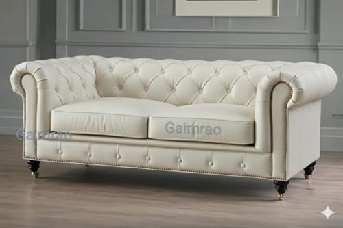 Image of Classic Leatherette Chester Sofa Set Button Tufted, Classic Style Sofa Set 3-Person Sofa for Living Room, Office, and Hallway Colour (Off-White Leatherette, 3+2+1=6 Seater Sofa)