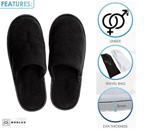 Modlux Spa Slippers - 12 Pairs Of Cotton Velvet Closed Toe Slippers W/Travel Bags – Thick, Soft, Non-Slip, Disposable Slippers – 6 Medium/6 Large - Home, Hotel, Or Commercial Use (12 Pack Combo Black) #TOP3