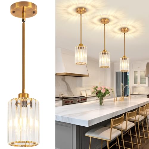 3 Pack Brushed Gold Pendant Lights Kitchen Island, Modern Crystal Pendant Lighting Over Island...