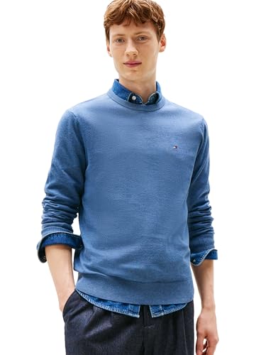 Tommy Hilfiger Herren Cotton Solid Crewneck Sweater Lightweight, Available in Big & Tall Pullover, Petrol Blue Heather, L – Ansicht 1