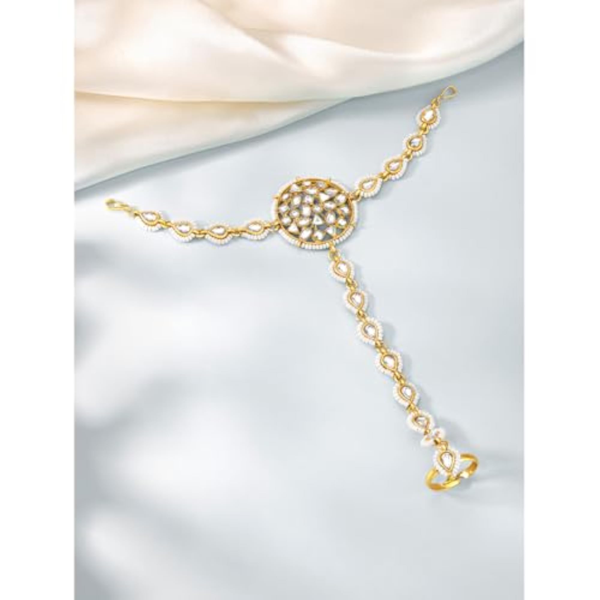 Women's Gold Plated Kundan & Beads Studded Haath Panja Haath Phool Set