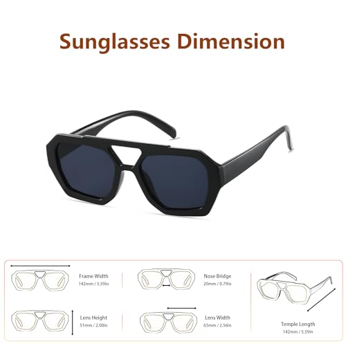 Image of Xpectrum Retro Trendy Aviator Sunglasses for Womens Mens Vintage Hexagonal Square Double Bridge Sun Glasses X9666 (Black), 65mm
