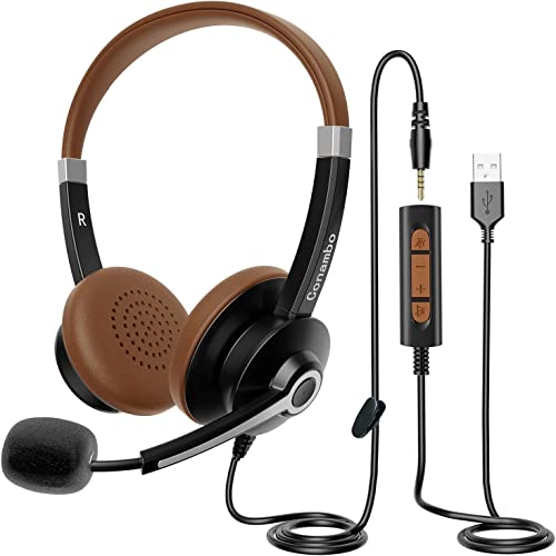 Conambo PC Headset mit Mikrofon, USB/3.5mm Klinke Kopfhörer mit Mikrofon und Lautstärkeregler für Call Center Office Telefonkonferenzen Skype Online-Kurse und Musik (Brown) Cover