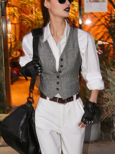 Tuikayoo Womens Herringbone tweed Sleeveless Slim Fit Button Down Top V Neck Outerwear Waistcoat Vest4
