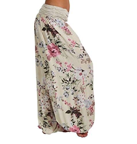 HEFASDM Calças de Pilates de Pilates de pilates de saqueda da cópia floral das mulheres Beige M