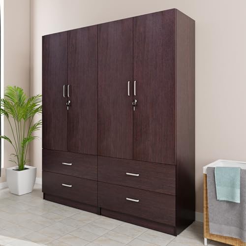 Image of VIKI Wardrobe |Wooden Almirah for 4 Door 4 Drawer with Shelves & Hanging Space Wardrobe (Dark Wenge - 40D x 160W x 180.8H) | 1 Year Warranty | Free Assembly