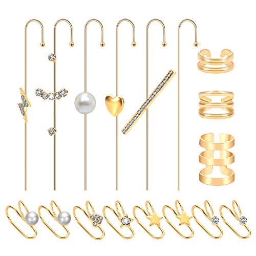 17 Pieces Ear Wrap Crawler Hook Earrings Crystal Ear Cuff Earring Lightning Heart Rhinestone Climber Piercing Ear Set for Women Girls Huggie Cartilage Clip On Earrings Jewelry Accessory