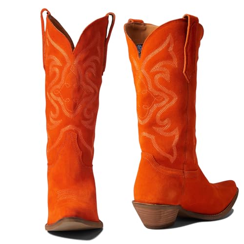 Image of LEHOOR Cowboy Boots Women Embroidered Mid Calf Western Boots Stacked Low Heel Pointed Toe Pull On Cowgirl Boot 4-11 M US