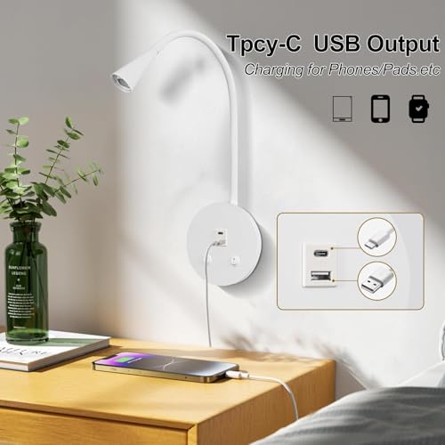Image of White Headboard Reading Light, 2 Pack Led Wall Mounted Book light, Bedroom Reading Lamp, USB Output, Night Light & Switch, Wall Sconce for Bedtime Reading, Gooseneck Headboard Bed Lights Wall Sconce