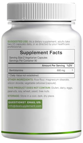 Image of Benfotiamine 600mg Per Serving, 180 Veggie Capsules (300mg Per Cap) - Fat Soluble Vitamin B1 Thiamine Supplement - 3rd Party Tested, Vegan, Non-GMO, Gluten Free