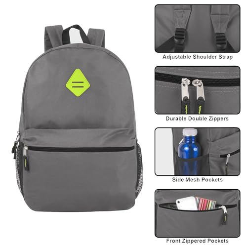 Large School Backpacks with Mesh Side Pockets – Classic 19 Inch Solid Color Backpacks for Kids, Men, Women, Travel (Grey & Green)2