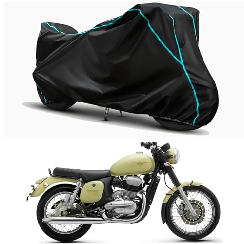 Image of Waterproof Bike Body Cover Compatible for | Jawa Forty Two Lumos | Taffeta Fabric, Sky Piping Design, Bottom Elastic Fit | Dustproof, Sun UV & Rain Protection for All Weather.