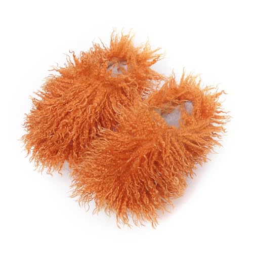 Image of Unisex Fuzzy Faux Fur Slippers, Women's Fluffy Long Hair Sheep Faux Fur Slip on Slides, Girls Luxury Big Fluffy Outdoor Flat Slippers, Long Curly Hair Non-Slip Warm Home Slide Shoes