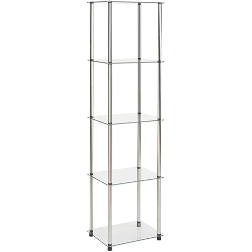 Convenience Concepts Designs2Go Classic Glass 5 Tier Tower 15.75" - Modern Media Storage Bookshelf for Living Room, Display Bookcase for Family Room, Bedroom, Bathroom, Office, Glass/Chrome