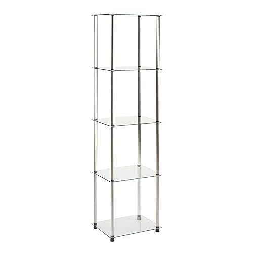 Convenience Concepts Designs2Go Classic Glass 5 Tier Tower 15.75" - Modern Media Storage Bookshelf for Living Room, Display Bookcase for Family Room, Bedroom, Bathroom, Office, Glass/Chrome
