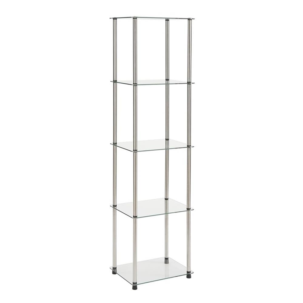 Convenience Concepts Designs2Go Classic Glass 5 Tier Tower 15.75" - Modern Media Storage Bookshelf for Living Room, Display Bookcase for Family Room, Bedroom, Bathroom, Office, Glass/Chrome