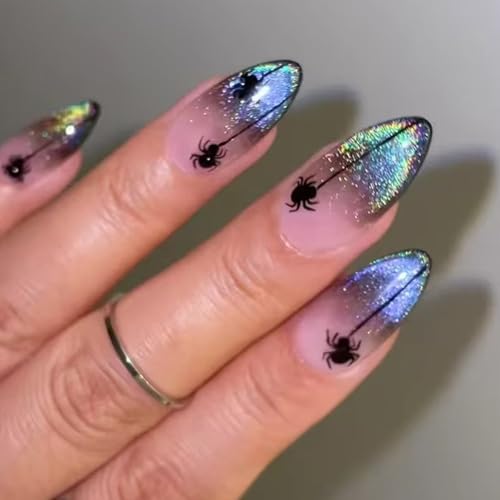 24 Pezzi Halloween Unghie Finte Francese Mandorla Cielo Stellato Stampa Sulle Unghie con Ragno Disegno, Copertura Completa Acrilico Artificiale Nails per Donna e Ragazza Nail Art
