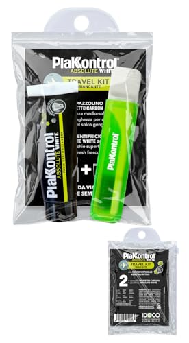 Plakkontrol® Travel Kit Absolute White, astuccio da viaggio con spazzolino e dentifricio neri con microparticelle di carboni attivi vegetali, azione sbiancante – 1 pz, peso confezione: ℮ 92 g