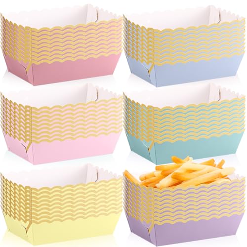 Blushtier 60pcs Pastel Paper Food Boat Trays Easter Colorful Scalloped Party Supplies Kraft Disposable Nacho Serving Trays Plates with Gold Edge Holder for Snack French Fries Hot Dog Tacos BBQ Picnic