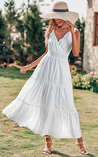 Image of PRETTYGARDEN Women's Cross Neck Summer Sleeveless Tiered Maxi Dress Beach Tie Strap Smocked Long Dresses Pleated Sundress