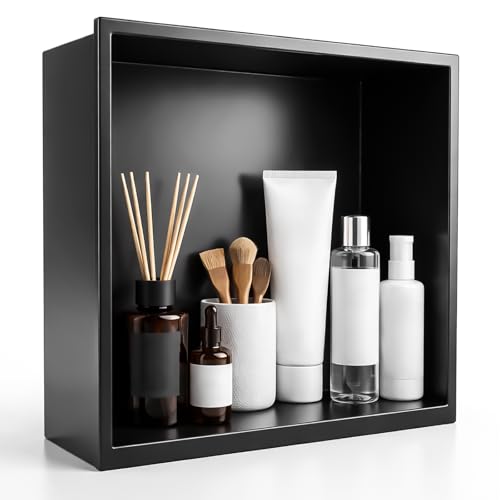 Jevervd 304 Stainless Steel Shower Niche Recessed Wall Shelf for Bathroom Storage Waterproof & Rustproof Modern Design with Rounded Corners 32x32x12 cm (Black)