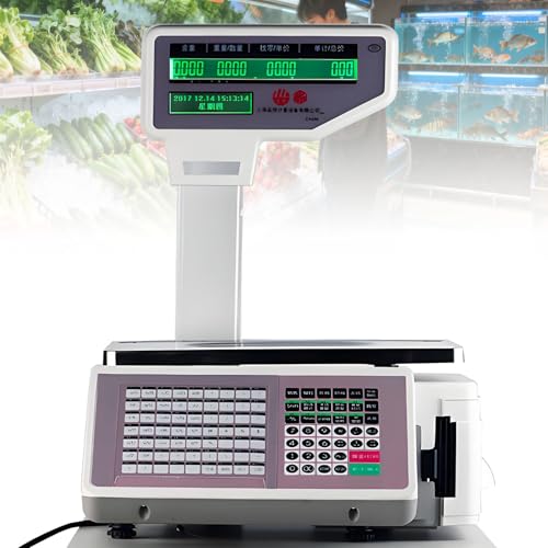 SHENGSHIYU Báscula Digital Comercial con Impresora Térmica de Etiquetas,Torreta 30kg,Pantalla de Doble Cara,Báscula Electrónica para Supermercado/Tienda Minorista