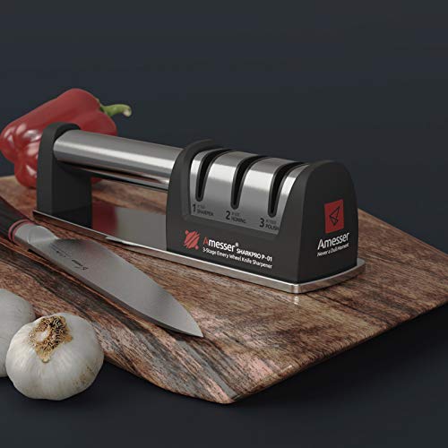 Amesser Knife Sharpener Diamond Wheel - Quickly Sharpen, Honing, Polish Kitchen Knives With 3 Stage Grit 360/600/1000, Anti·slip Mat And Cut Resistant Glove For Safety (Black) #TOP5