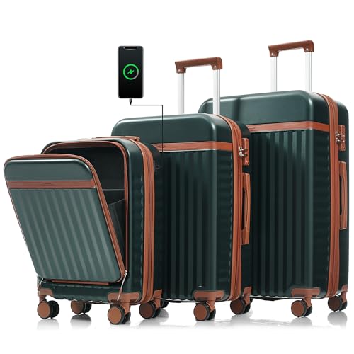 Image of Hardshell Luggage, Lightweight Suitcase with Spinner Wheels, DARK GREEN+USB