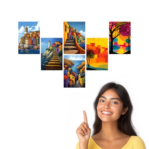 Image of SiddArtify Colorful Coastal Town Wall Art Prints Set - Modern Cityscape Poster Decor for Living Room Bedroom Office - Set of 2-4x6 Inch - Board (Pack of 6) - Sticker (Pack of 6)